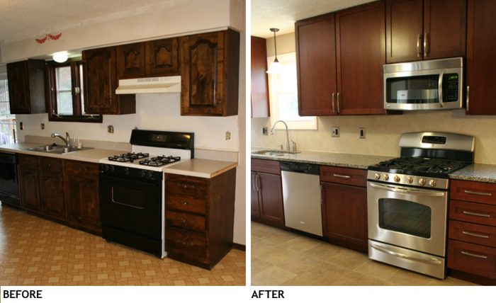 Before and after pictures of a small kitchen.