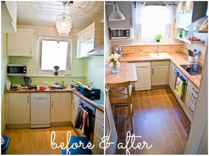 Before and after pictures of a small kitchen.