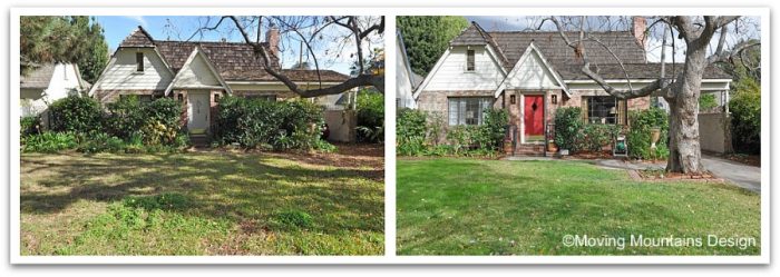 Two staged pictures of a house before and after landscaping.