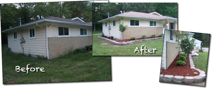 Before and after pictures of landscaping to stage your home.