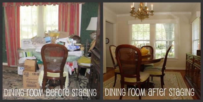 Two pictures of a dining room before and after scrubbing, showcasing the improved transformation for home staging.