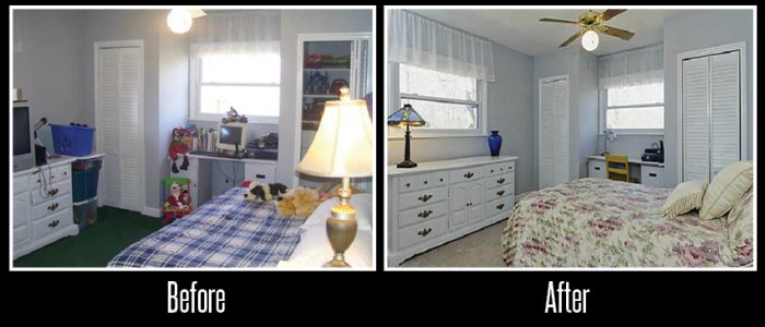 A staged before and after photo of a bedroom.