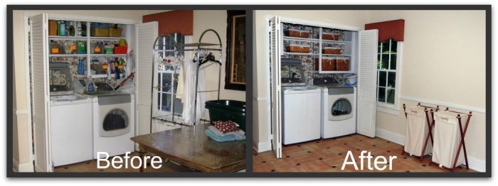 Before and after photos of a stage your home laundry room.