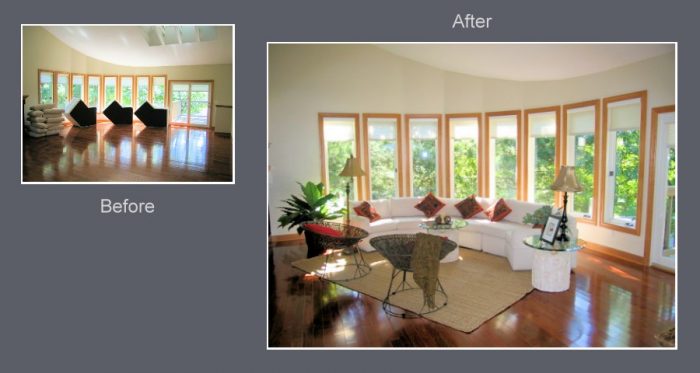 Before and after pictures of a living room staged for home sale.