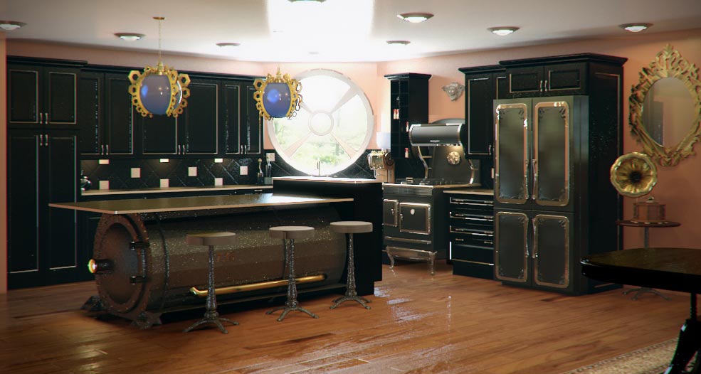 A steampunk-inspired black and gold kitchen.