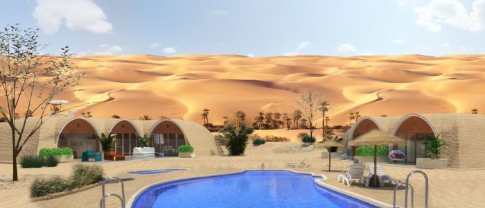 An artist's rendering of a desert camp with a swimming pool featuring Hobbit Homes.