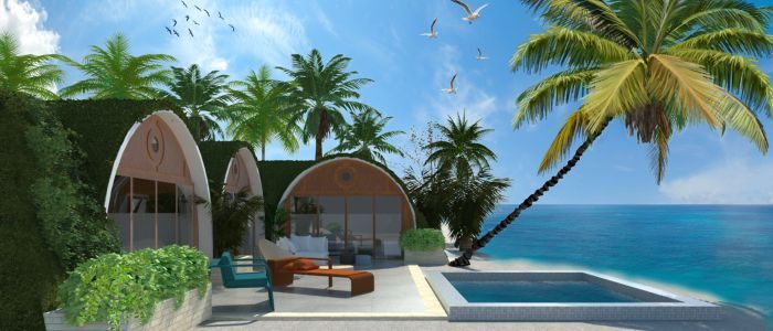 A 3D rendering of a beach house with palm trees and a pool, inspired by Hobbit Homes.