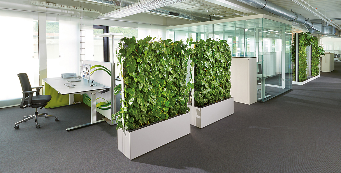 A biophilic design office space featuring a green wall and ergonomic desk and chairs.