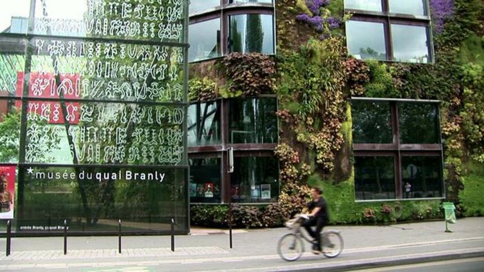 A person riding a bicycle past a building with a green wall showcasing biophilic design.