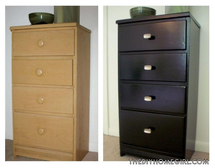 Before and after pictures of a black and white dresser undergoing refinishing.