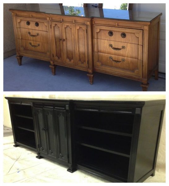 Before and after pictures of refinishing a black dresser.