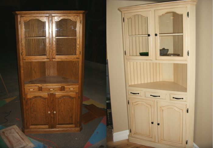 Before and After pictures of a hutch after refinishing furniture.