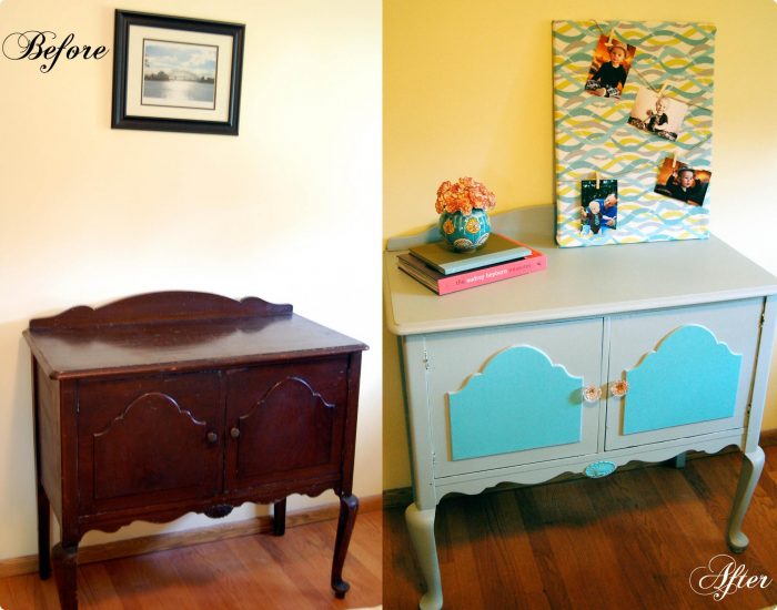 Before and after pictures of refinishing a blue and white dresser
