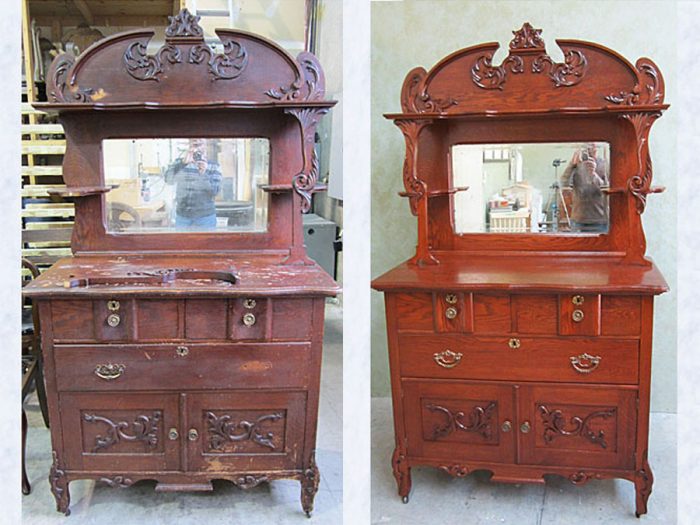 A refinished red dresser with a mirror.