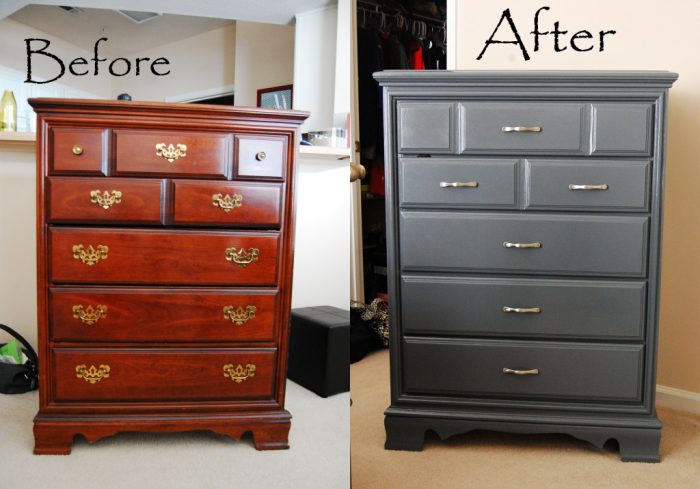 Two pictures of a dresser before and after refinishing.