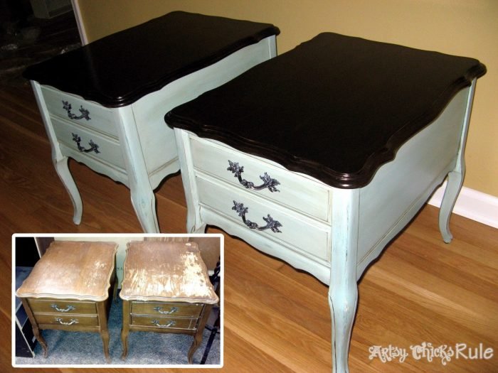 Two pictures of a pair of nightstands before and after refinishing.