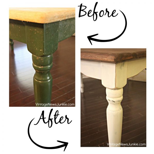 Before and after pictures of refinishing a farmhouse table.