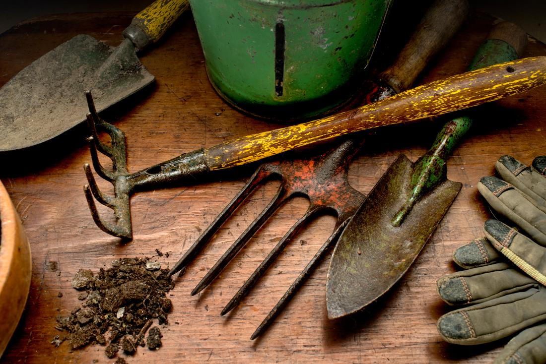 Gardening tools and gloves used for planting vegetables on a wooden table.