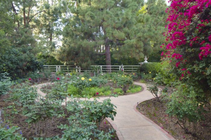 A circular path in Taylor Swift's garden surrounded by trees and flowers.