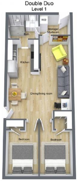 A floor plan for a small two bedroom apartment.