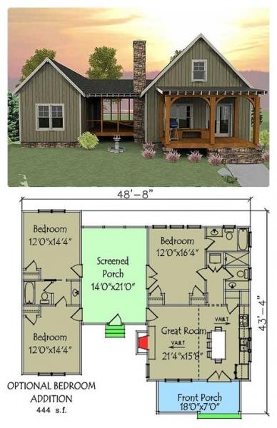 A tiny house plan with a porch and a garage.