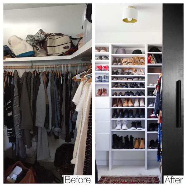 Before and after photos of a walk-in closet showcasing minimal clutter.