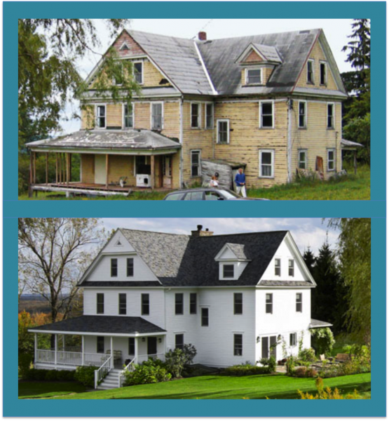 Two pictures of a house with exterior renovations.