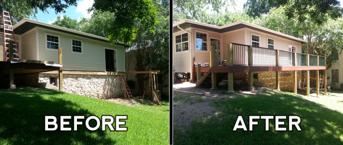 A before and after picture showcasing exterior renovations of a house with a deck.