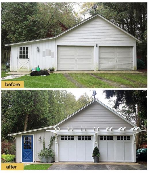 Before and after pictures of exterior garage renovations.