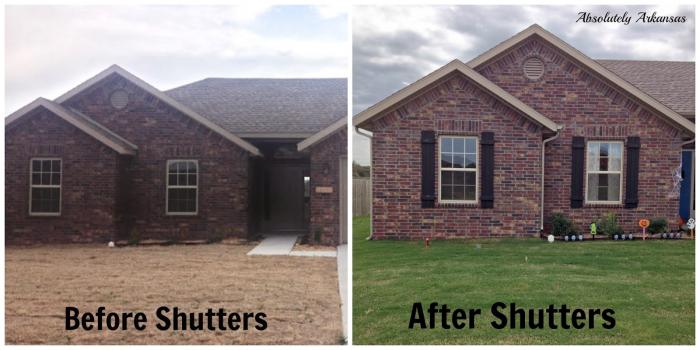 Exterior renovations of a house with shutters before and after.