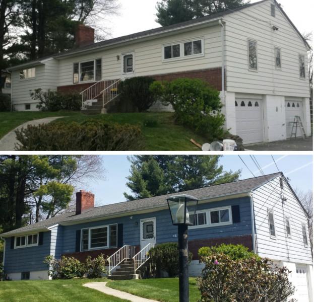 Two pictures of a house before and after exterior renovations.