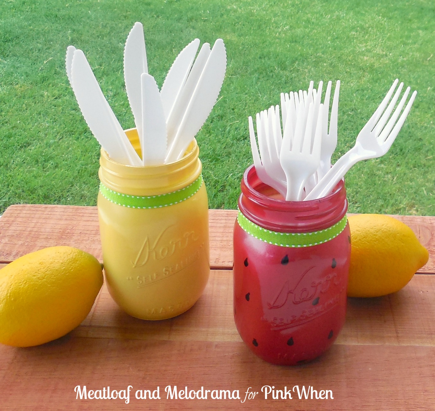 Backyard cookout decor featuring mason jars and forks.