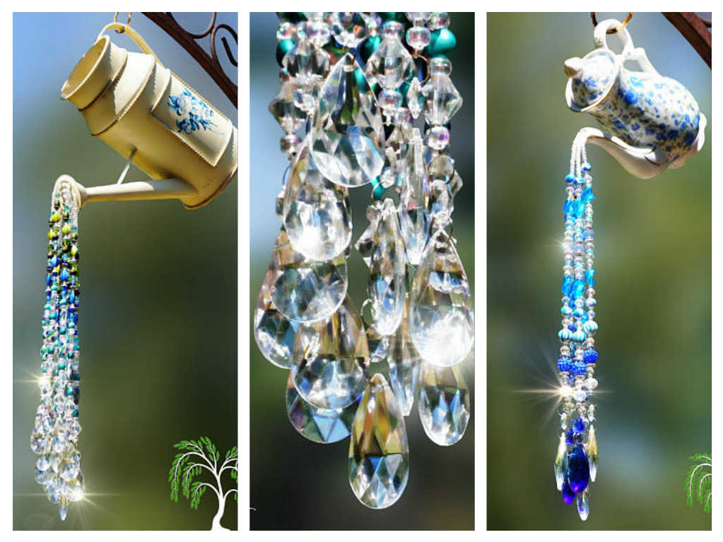 A series of crystal sun catchers hanging from a tree.