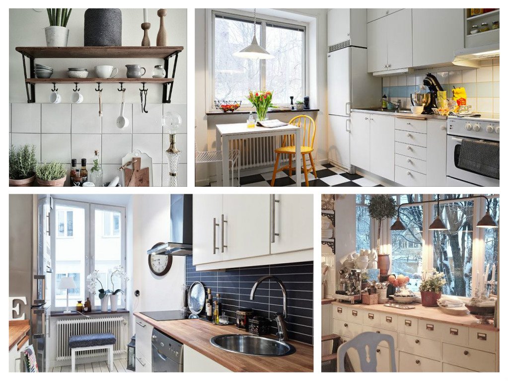 A collage of pictures showing a Swedish kitchen and dining area.