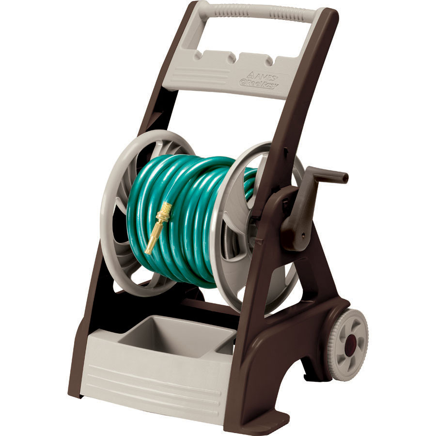 A garden hose reel on a white background, perfect for winter gardening.