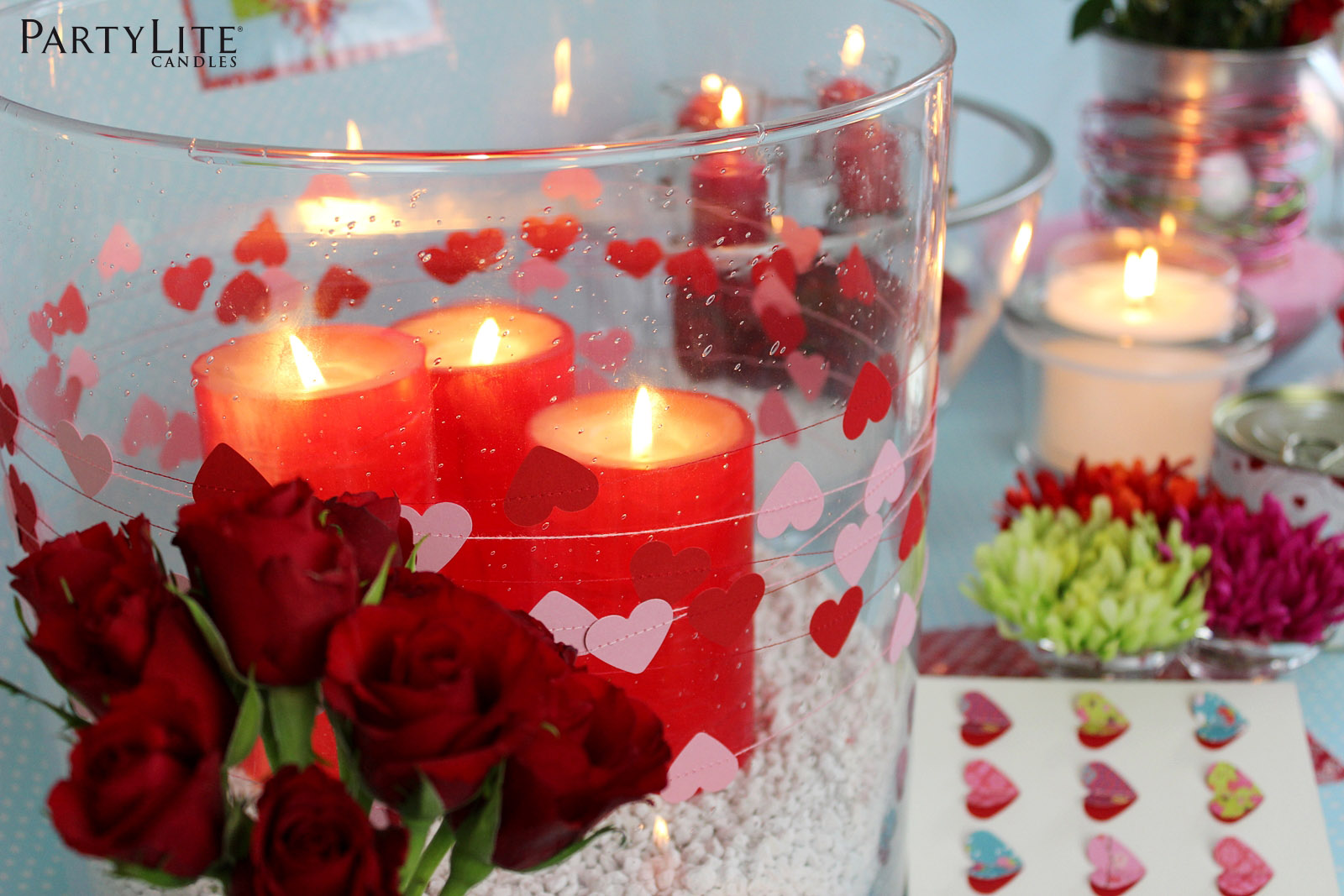 Valentine's Day decor with table decorations.
