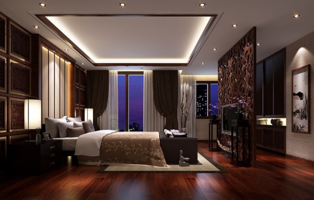 A modern bedroom with hardwood flooring.