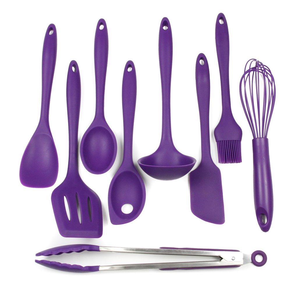 Purple kitchen utensils on a white background, inspired by Pantone's Ultra Violet.