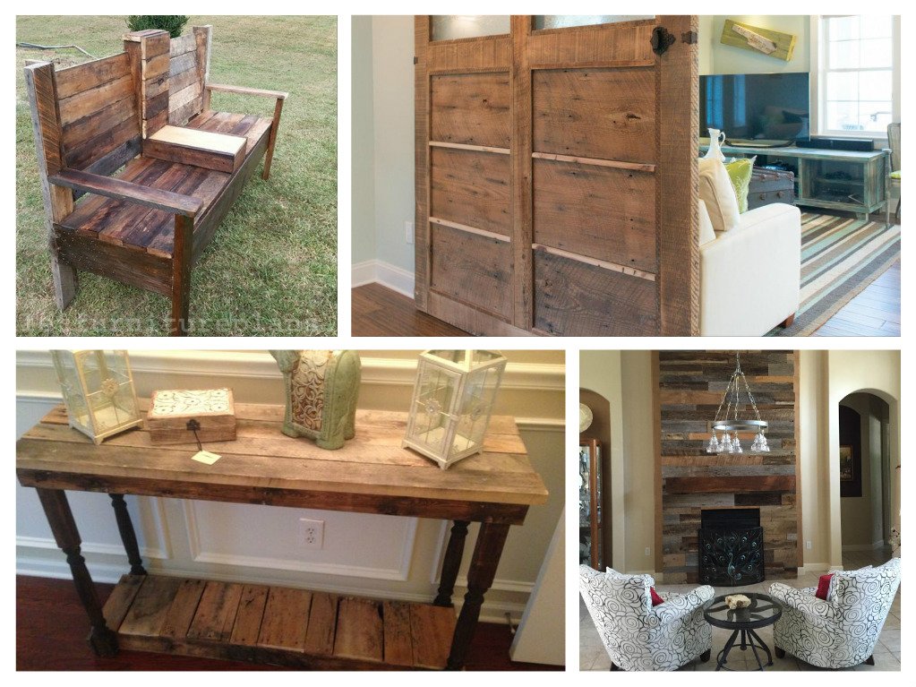 A collage of pictures of reclaimed wood furniture made from pallets.
