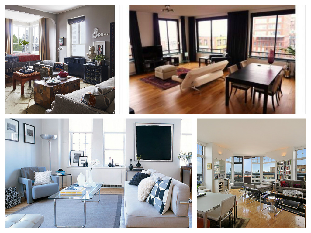 A stylish collage of pictures illustrating a living room and dining room.