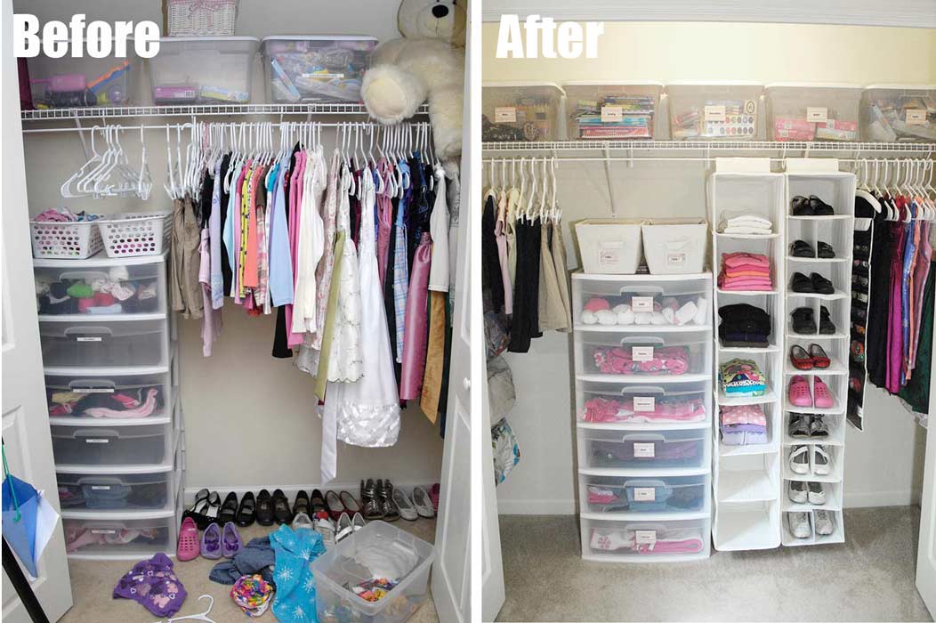 Before and after pictures of a closet after home renovations.
