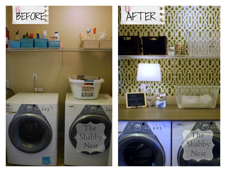 Before and after photos of home renovations in a laundry room.