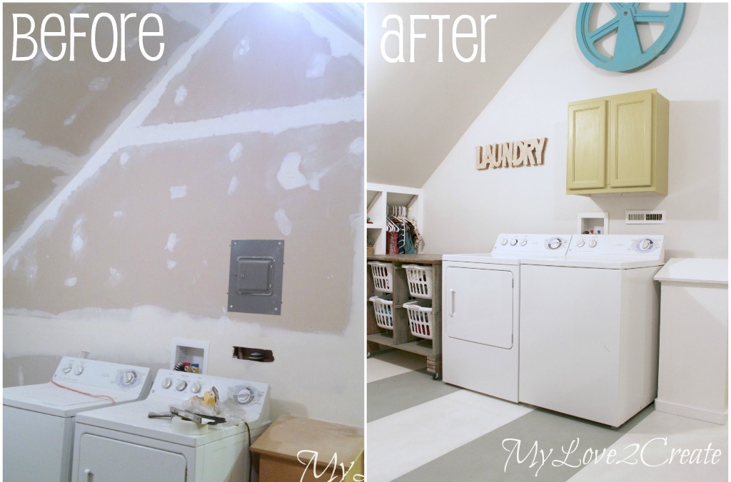 Before and after photos of a laundry room home renovations project.