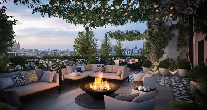 A rooftop fire pit in a New York City penthouse apartment.