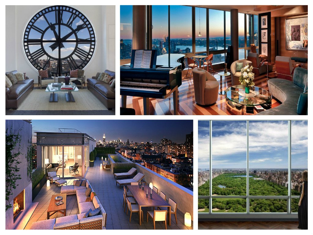 A collage of pictures of a living room with a clock in a New York City penthouse.
