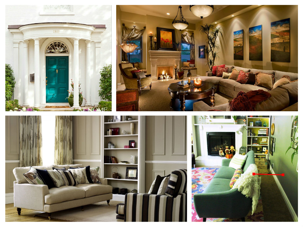 A collage of pictures showcasing the 7 deadly sins of home decorating in a living room.