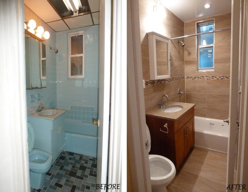 A bathroom before and after home renovation.