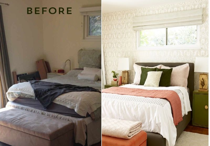 Before and after bedroom renovation photos.
