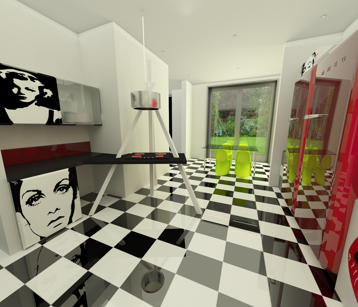 A pop art kitchen with a checkered floor.