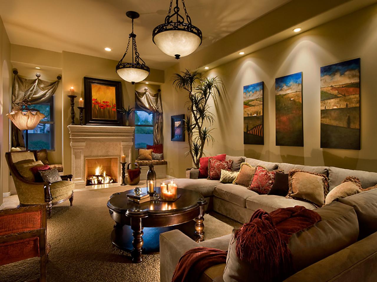 A living room showcasing stylish couches and a cozy fireplace, while avoiding the 7 deadly sins of home decorating.